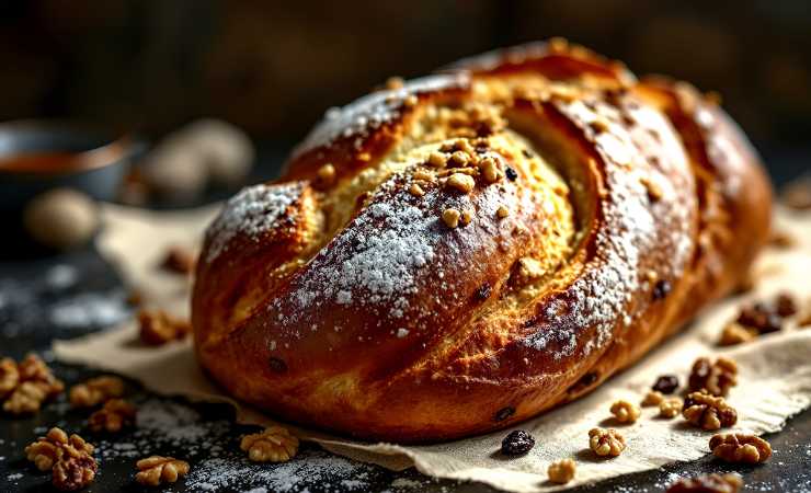 filone di pane dolce con uvetta e noci